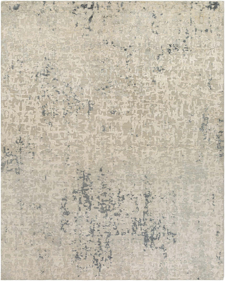 Close-up of the Cayuga Area Rug. Hand-knotted silk rug in off-white, light sage, and dark blue with a contemporary abstract design. Design-Rectangle-810