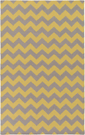 Close-up of the hand woven Cedarcreek Area Rug. Gray and mustard chevron pattern on 100% wool rug. Design-Rectangle-58