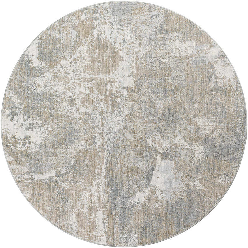Close-up of a round Cady Thick Luxe Area Rug. Abstract design in cloud gray, brown, and light gray tones. Design-Round-53