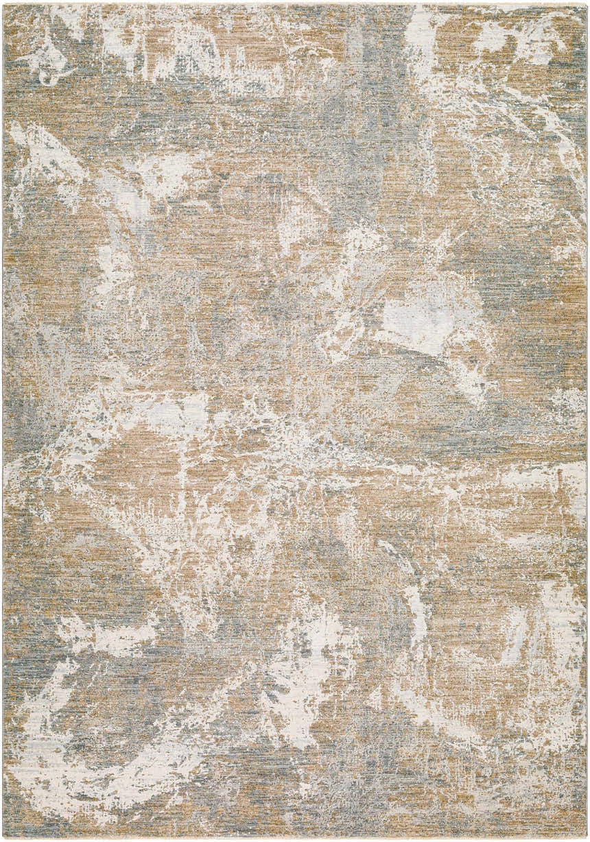 Close-up of the Cady Thick Luxe Area Rug in cloud gray, dark brown, and light gray with a contemporary abstract design. Design-Rectangle-6796