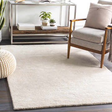 Living room scene with a beige Ceiba Carpet, gray chair, and modern metal and wood console table. Roomscene-Rectangle