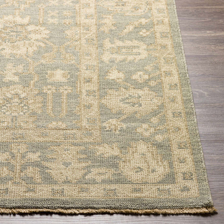 Close-up of the Chalgrove Area Rug showing its beige and dusty sage traditional pattern and hand-knotted texture. Front
