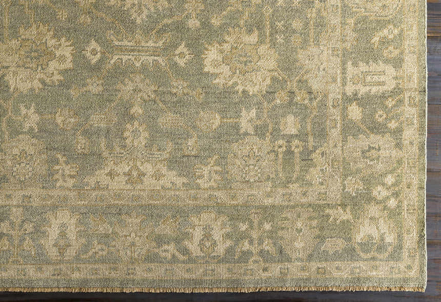Close-up of the hand-knotted Chalgrove Area Rug. Beige, dusty sage, and light brown oriental rug pattern. 100% wool texture. Corner