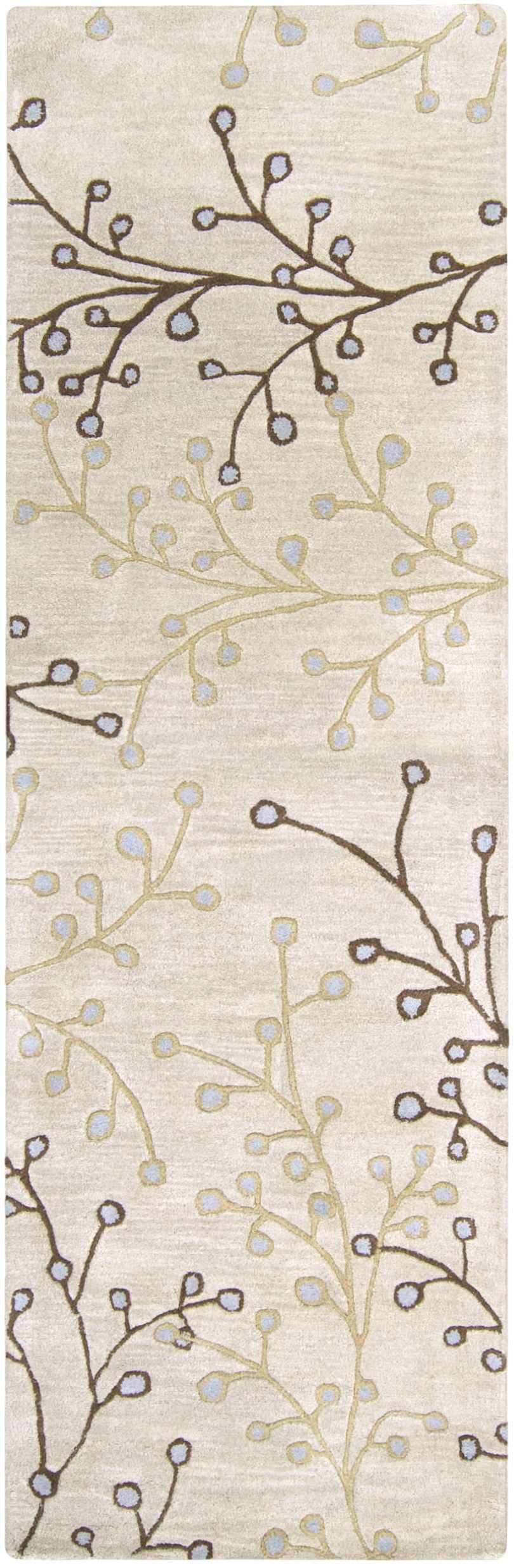 Close-up of the Elsu Beige&Gray Wool Rug, showcasing its floral branch pattern in dark brown, tan, and gray on a beige background. Design-Runner-268