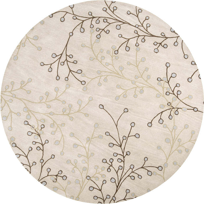 Close-up of the round Elsu Beige&Gray Wool Rug, featuring a delicate floral branch pattern in brown, gray and tan hues. Design-Round-8