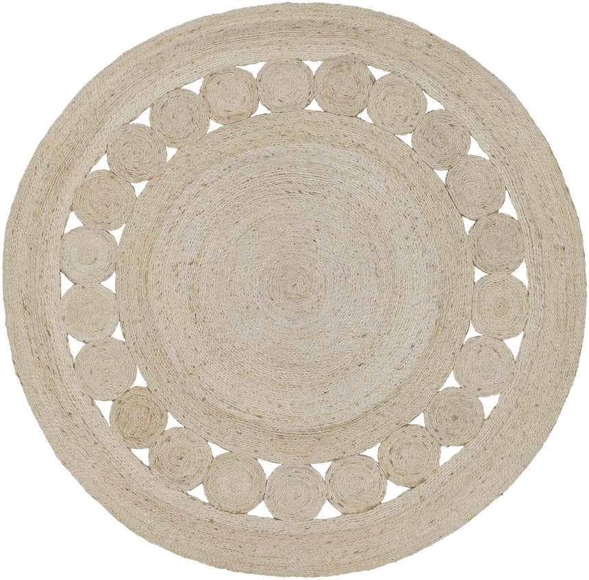 Close-up of a Stafford Bleached Jute Round Rug, featuring a circle of jute rosettes around the rug's edge. Beige, natural fiber texture. Design-Round-3