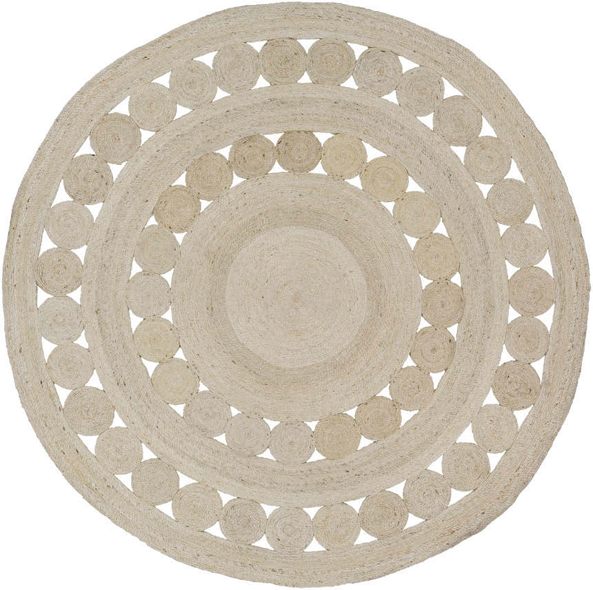 Close-up of a Stafford Bleached Jute Round Rug, featuring a circular design with textured jute rosettes. Design-Round-8