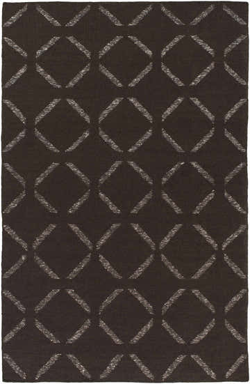 Close-up of the Charty Hand Woven Area Carpet. Dark brown wool rug with an off-white geometric diamond pattern. Design-Rectangle-576