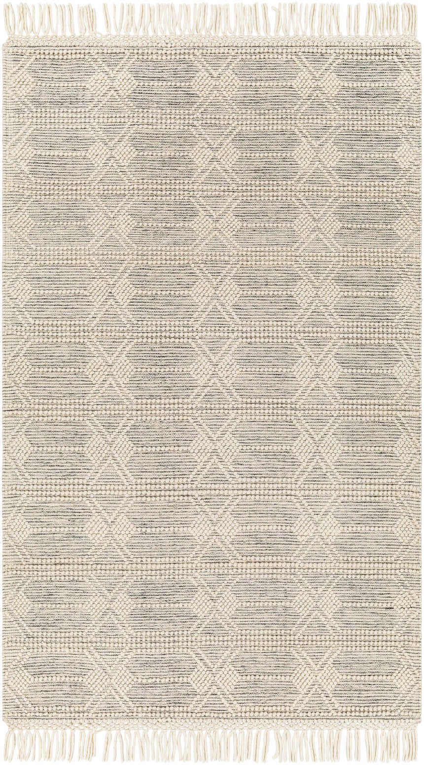 Close-up of Chars Wool Rug with Tassels. Bone and gray geometric pattern, hand-woven texture, and fringe detail. Design-Rectangle-58
