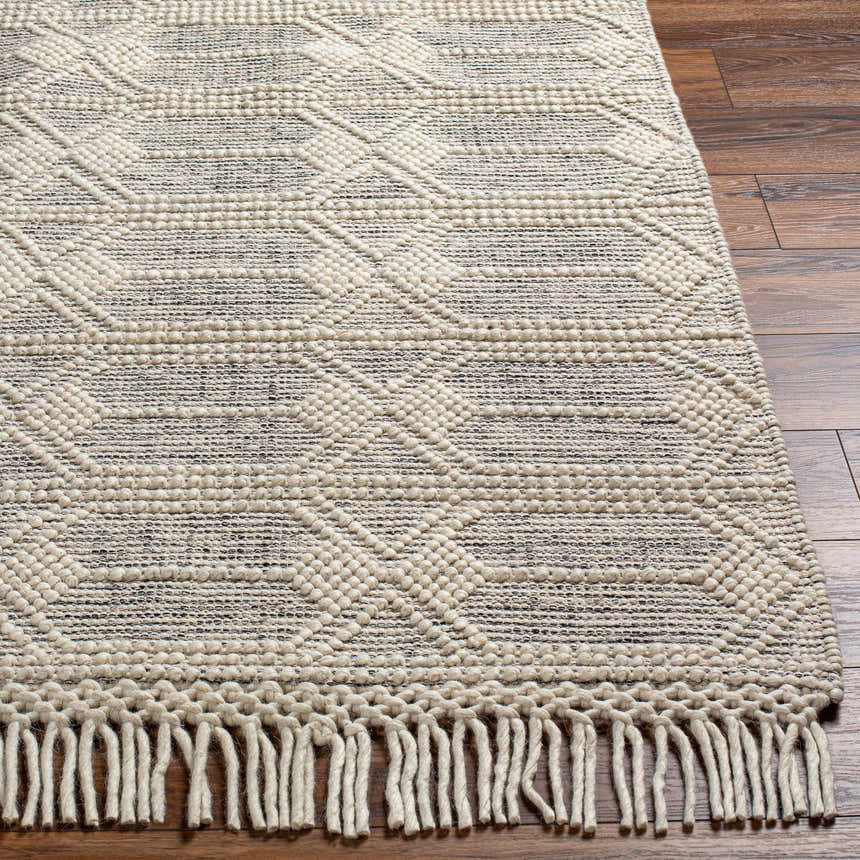 Close-up of the Chars Wool Rug with Tassels. Bone and gray geometric pattern, hand woven texture, and tassel fringe. Front