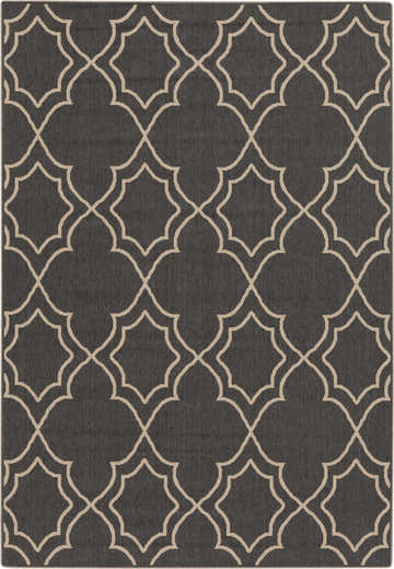 Close-up of the Chertsey Area Rug. Black olefin rug with a light brown quatrefoil pattern. Contemporary style. Design-Rectangle-5376