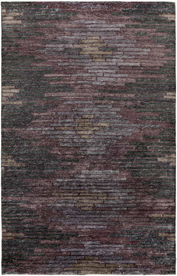 Close-up of a Cherokee Carpet - Clearance rug. Hand-knotted viscose rug in charcoal, gray, light olive, lilac, and plum. Design-Rectangle-58