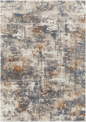 Close-up of the Chetwynd Abstract Thick Rug. Features a distressed pattern with blue, brown, cream, and gray tones. Design-Rectangle-5373