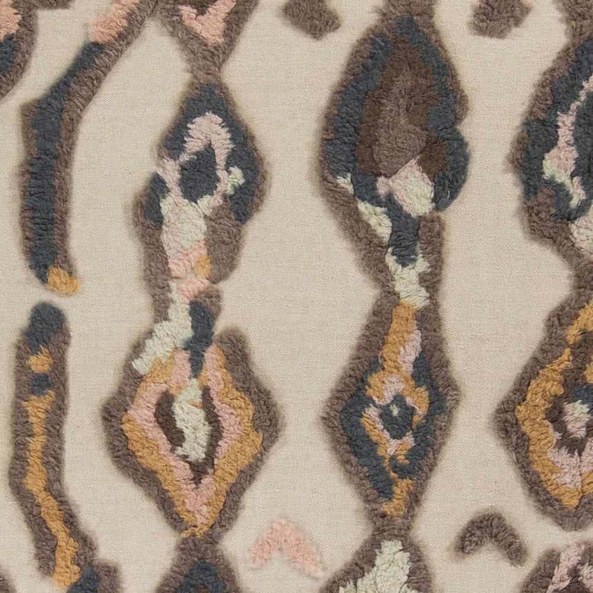 Close-up of the Brown Pink Nila Area Carpet showing diamond pattern and wool texture in beige, brown, pink, and blue. Swatch