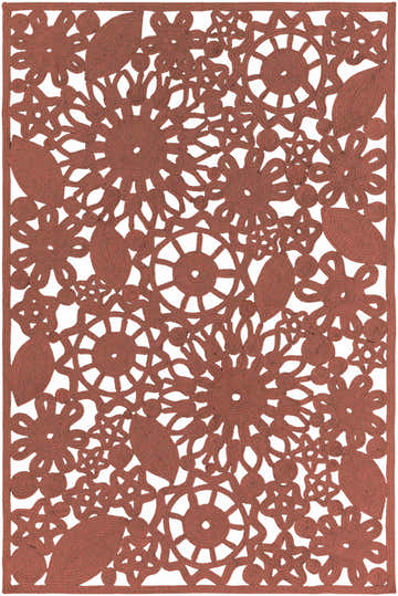 Close-up of the red Chinchilla Area Carpet, a hand-woven rug with a floral and geometric pattern. Design-Rectangle-576