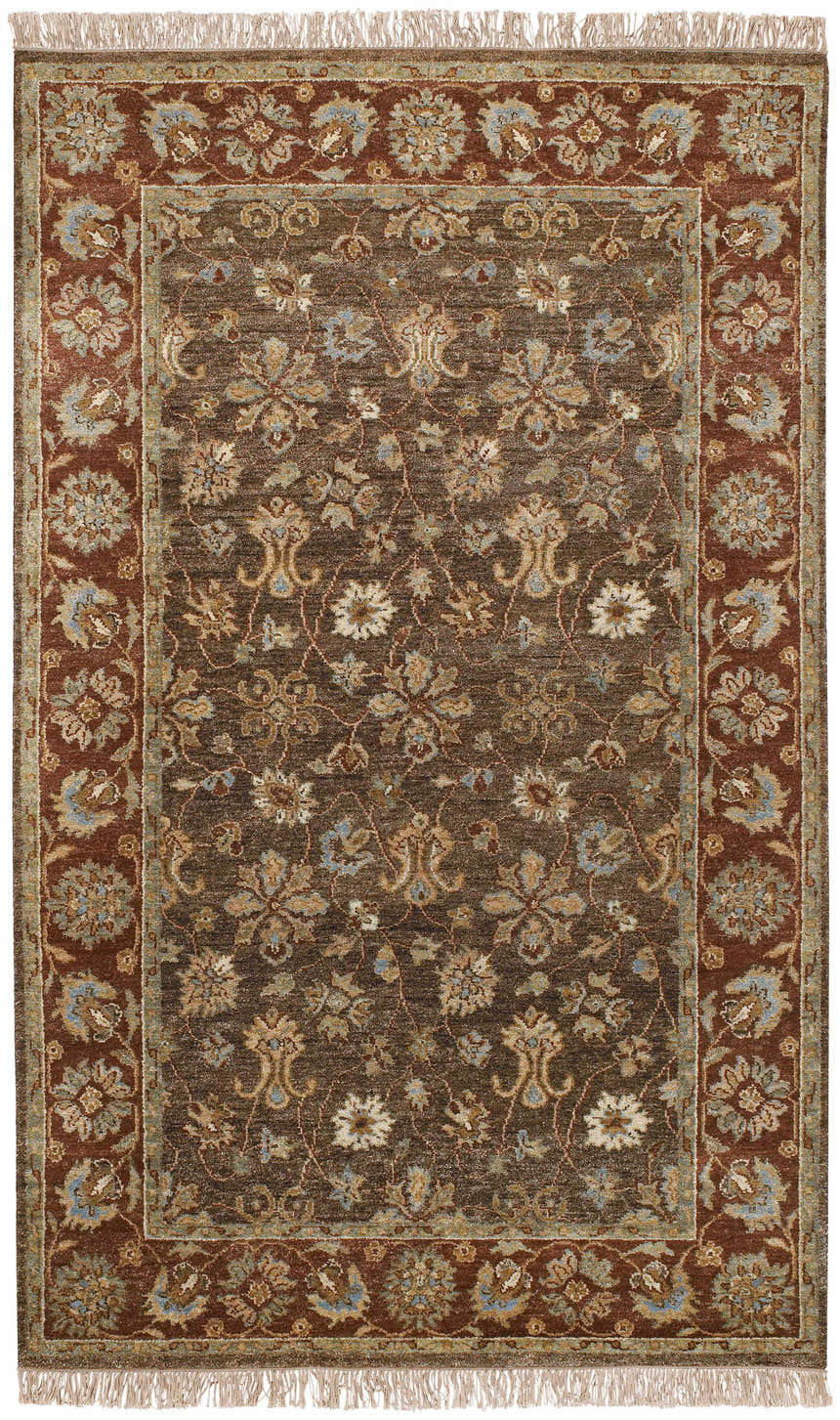 Detailed floral pattern of the Chinle Premium Wool Area Carpet in brick red, brown, and beige tones. Hand-knotted texture. Design-Rectangle-58