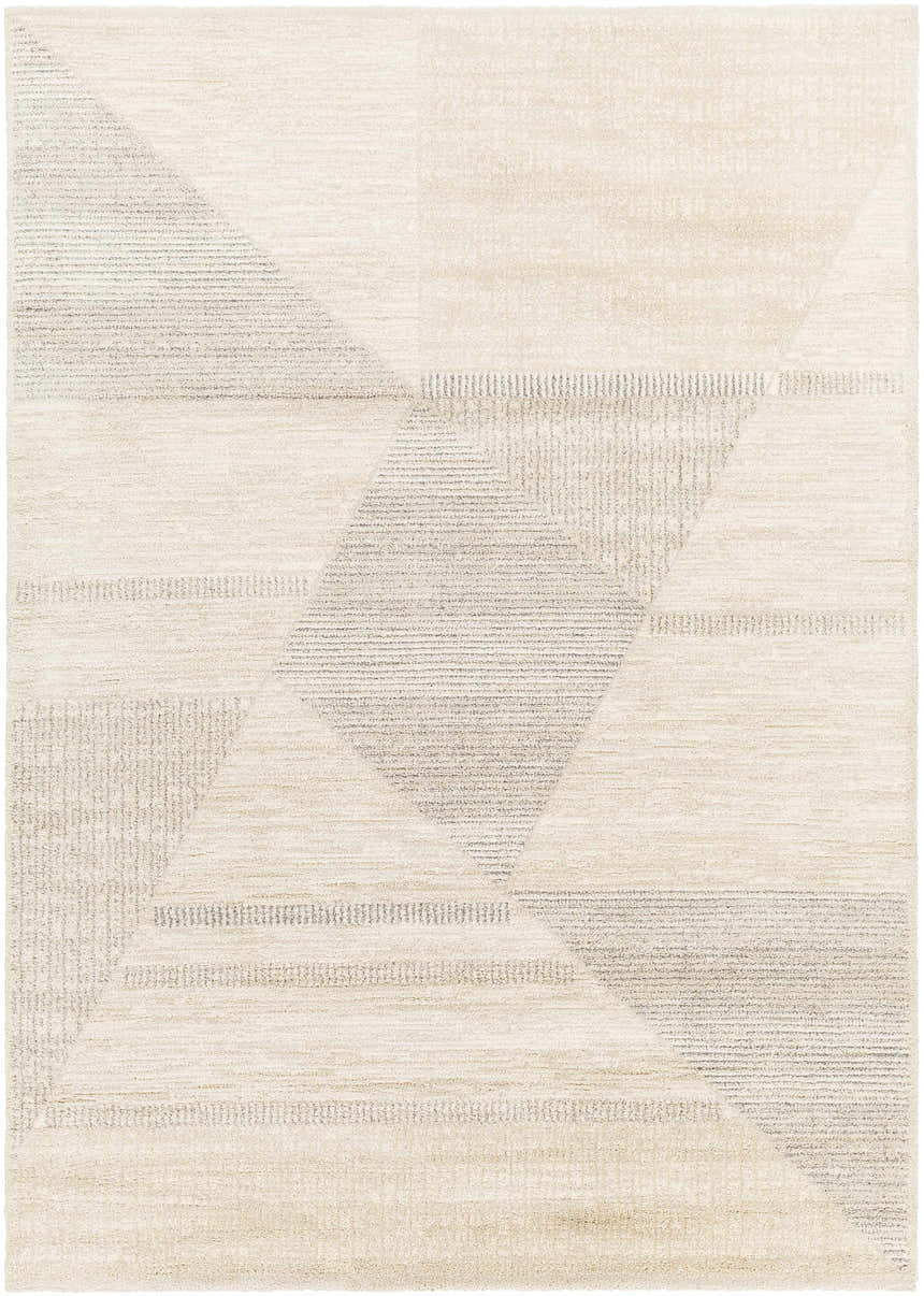 Close-up of the Chizu Geometric Neutral Luxe Rug. Bone and gray tones create a modern geometric pattern. Design-Rectangle-5373