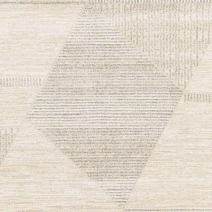 Close-up of the Chizu Geometric Neutral Luxe Rug, showcasing its bone and gray geometric pattern and soft, textured weave. Swatch
