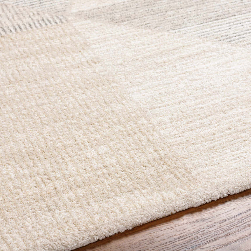 Close-up of the Chizu Geometric Neutral Luxe Rug showing bone and gray tones and soft, textured pile on hardwood floor. Texture