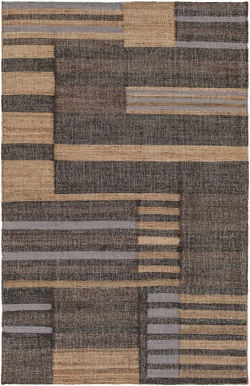 Close-up of Chambers Area Carpet. Hand-woven jute and viscose rug in dark brown, tan, and gray with a geometric pattern. Design-Rectangle-576