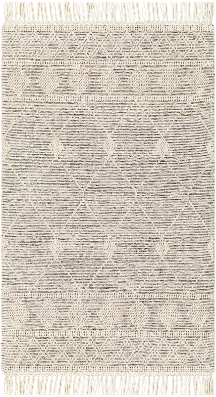 Close up of the Hemingway Wool Rug with Tassels. Bone and gray rug with geometric diamond pattern and fringe. Design-Rectangle-58