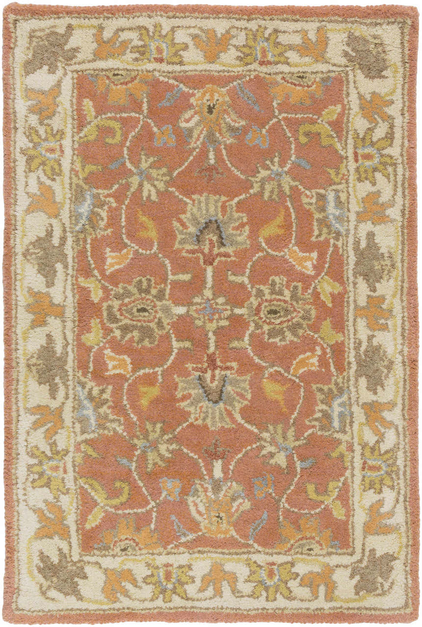 Close-up of the Caesar Hand Tufted Burnt Orange 1124 Wool Carpet. Features a traditional floral pattern in rust, orange, brown, and cream. Design-Rectangle-23