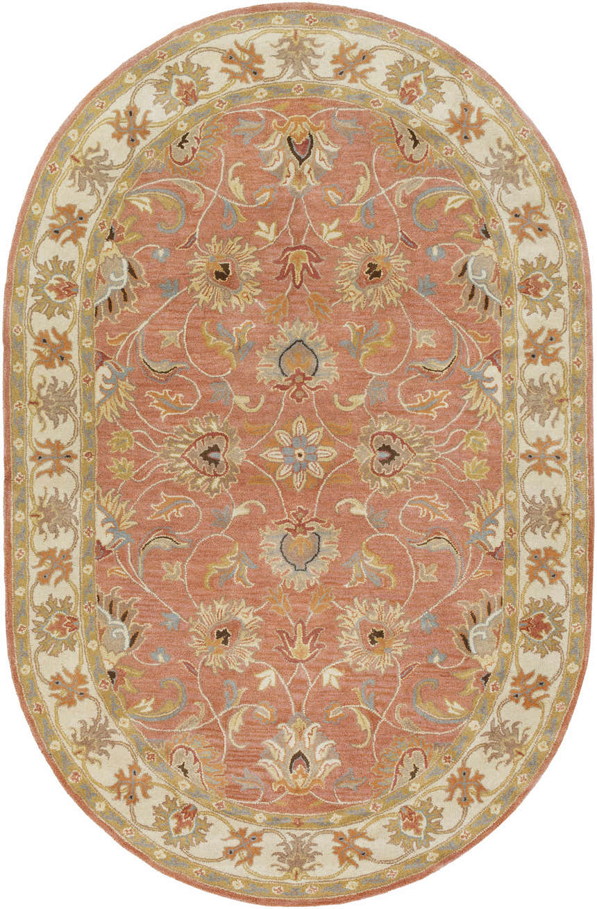 Detailed oval Caesar Hand Tufted Burnt Orange Wool Carpet with floral and leaf pattern in burnt orange, taupe, and cream. Design-Oval-69
