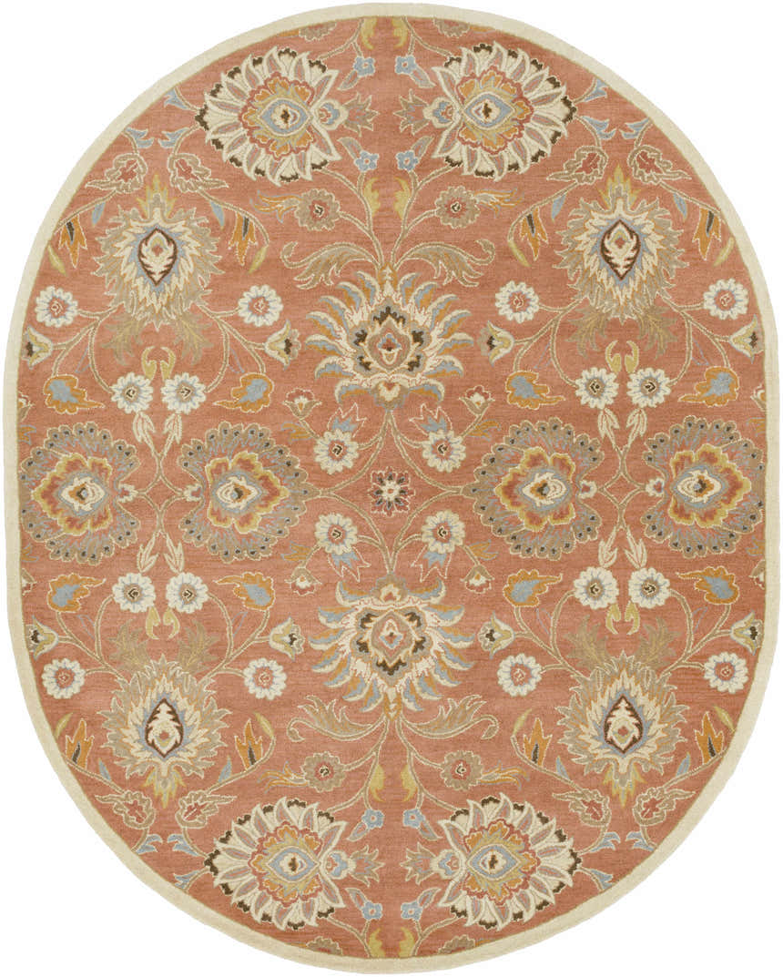 Close-up of the oval Caesar Hand Tufted Burnt Orange 1124 Wool Carpet. Features a floral, oriental pattern in rust, blue, and taupe tones. Design-Oval-810