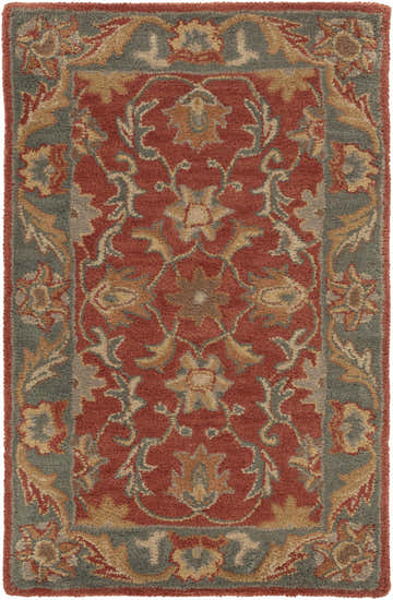 Close-up of the Charlottesville Tufted Wool Rug. Features a traditional Persian pattern in brick red, taupe, and light gray. Design-Rectangle-23