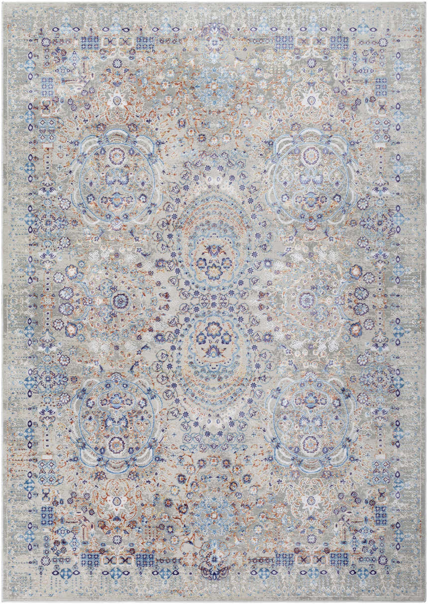 Detailed view of the Aisha Abstract Premium Sheen Viscose Rug, featuring blue, orange, and purple floral and medallion patterns. Design-Rectangle-5373