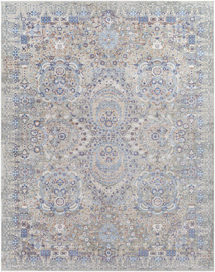 Aisha Abstract Premium Sheen Viscose Rug featuring blue, orange, purple, and gray floral medallion pattern. Design-Rectangle-71010