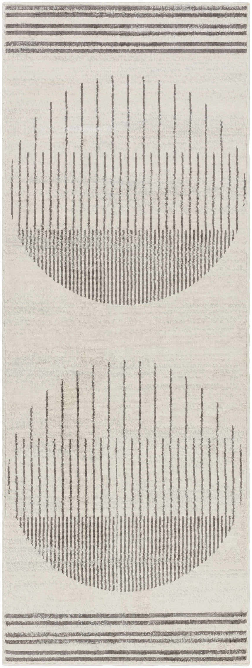 Close-up of the Chet Area Rug. Gray lines form a geometric, semi-circle pattern on a light gray background. Design-Runner-2773