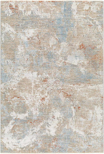 Close-up of the Cindy Thick Luxe Boutique Rug. Abstract design in cloud gray, brown, blue and white tones. Design-Rectangle-575