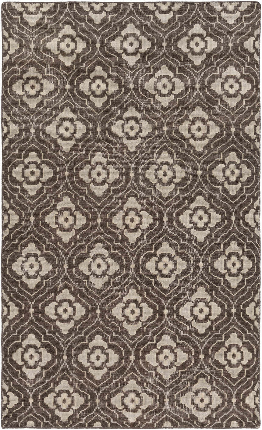 Close-up of the Claysville Area Rug. Beige floral medallions on a dark brown, hand-knotted wool rug. Design-Rectangle-58