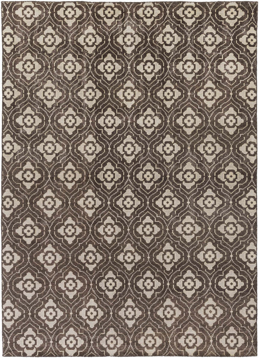 Hand knotted Claysville Area Rug - Clearance. Beige floral pattern on dark brown wool. Design-Rectangle-811
