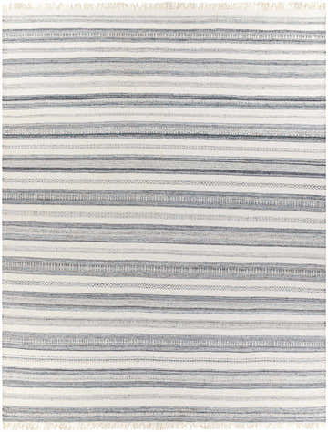 Close-up of Coolbellup Indoor Outdoor Rug; hand-woven with gray and white stripes and fringe. Design-Rectangle-810