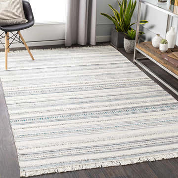 Living room scene with a Coolbellup Indoor Outdoor Rug in light beige with subtle blue stripes. Roomscene-Rectangle
