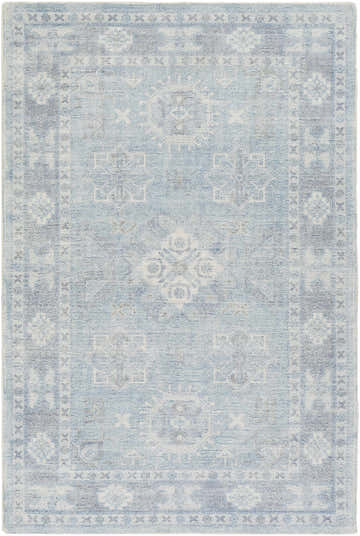 Detailed texture of Calderbank Sky Blue wool-blend area rug with traditional, oriental-inspired pattern. Design-Rectangle-576