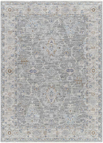 Close-up of Clem Boutique Area Rug. Traditional floral pattern in cream, lavender, olive, pale blue, and sage. Design-Rectangle-537