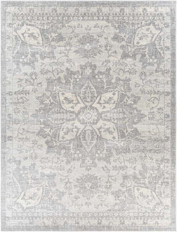 Close-up of Colonie Area Rug, showcasing its traditional floral pattern in gray, ivory, and silver gray hues. Design-Rectangle-710103