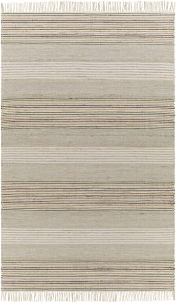 Close-up of the hand woven Calinog Area Rug. Features a striped pattern in charcoal, tan, and beige. Design-Rectangle-576