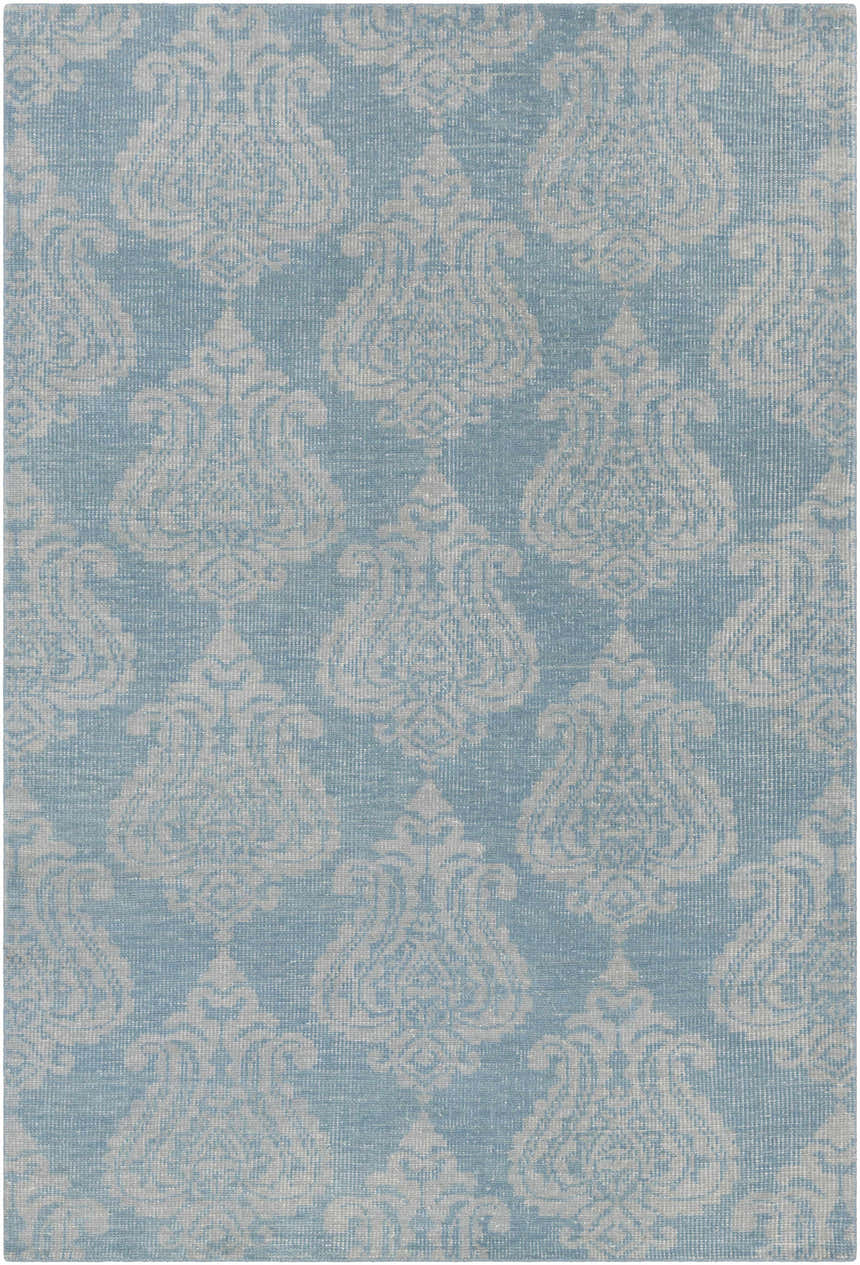 Close-up of the Clarklake Area Carpet. Blue wool rug with a light sage traditional damask pattern. Hand knotted. Design-Rectangle-69