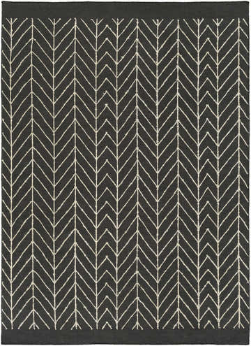 Close-up of a black and off white Clymer Wool Rug with a hand woven, contemporary herringbone pattern. Design-Rectangle-576