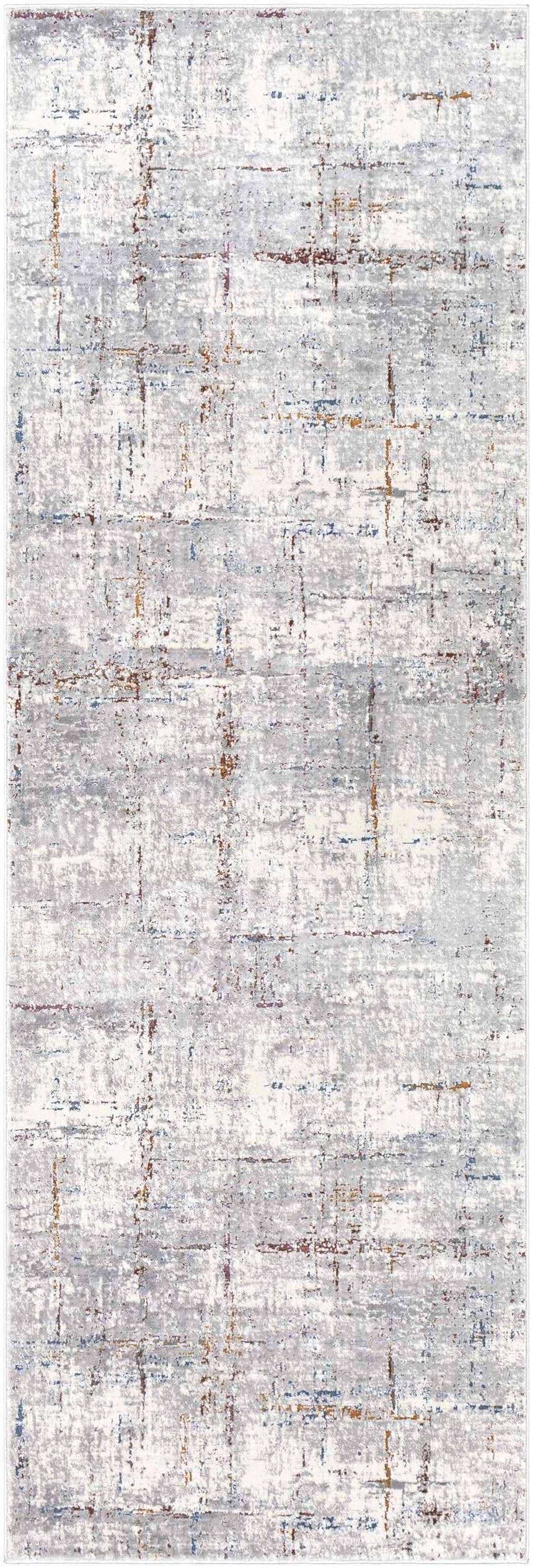 Close-up of the Concordia Faux Silk Rug; a contemporary rug in shades of gray, off-white, blue, and burnt orange. Design-Runner-2777