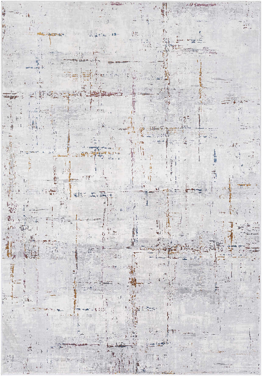 Close-up of Concordia Faux Silk Rug. Abstract design in off-white, gray, burgundy, burnt orange, and navy. Contemporary style. Design-Rectangle-5373