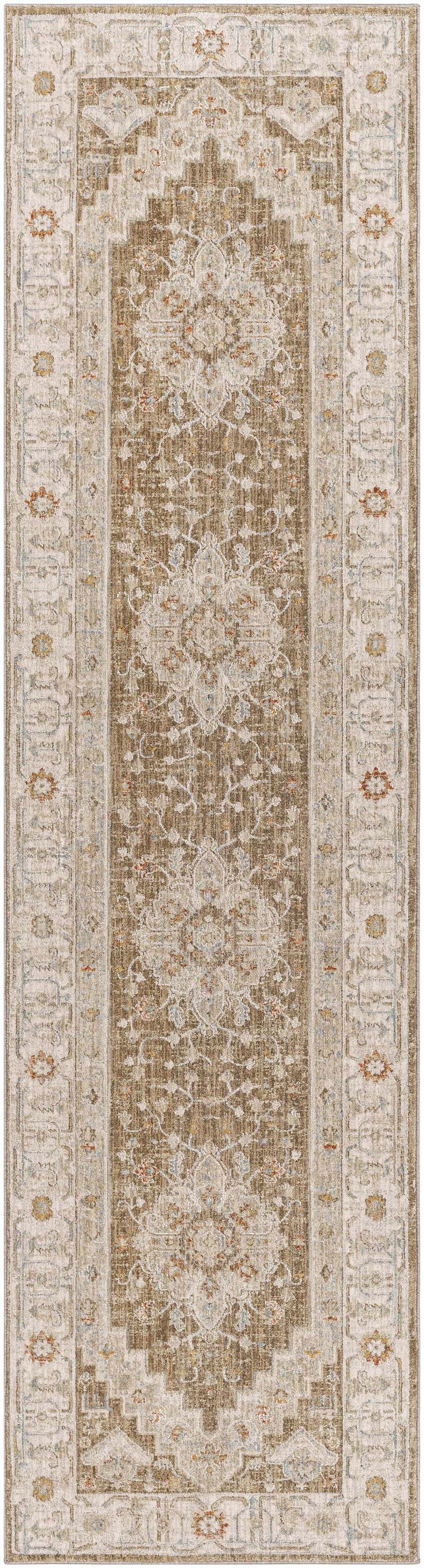 Close-up of Canadensis Thick Luxe Traditional Turkish Rug in brick red, charcoal, and light beige. Machine woven polyester rug. Design-Runner-2710