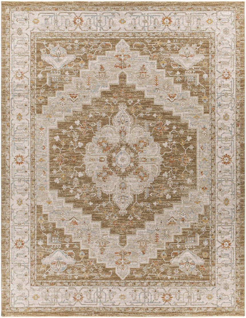 Close-up of the Canadensis Thick Luxe Traditional Turkish Rug in brick red, beige, and charcoal with an oriental pattern. Design-Rectangle-710103