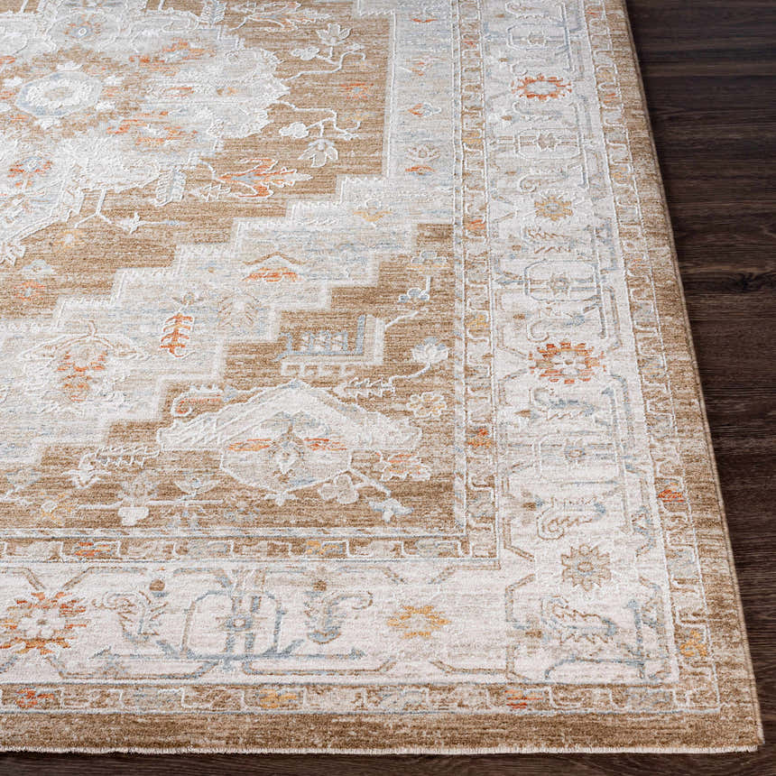 Close-up of Canadensis Thick Luxe Traditional Turkish Rug in light beige, brick red, and charcoal on dark wood floor. Front