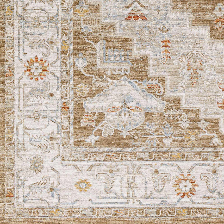 Close-up of Canadensis Thick Luxe Traditional Turkish Rug with brick red, beige, and blue oriental pattern. Swatch
