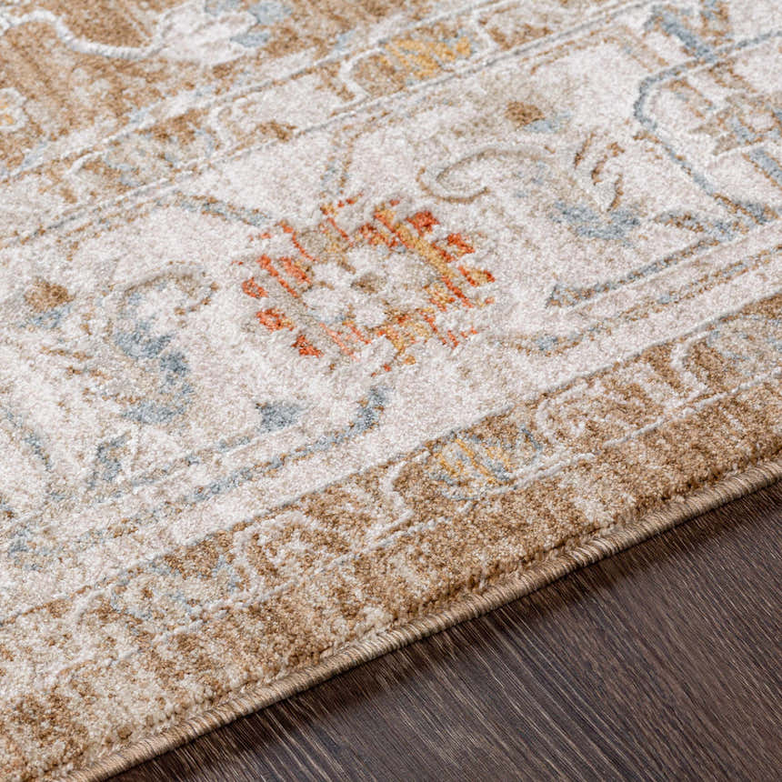Close-up of Canadensis Thick Luxe Traditional Turkish Rug showing beige, brick red, and charcoal pattern. Texture